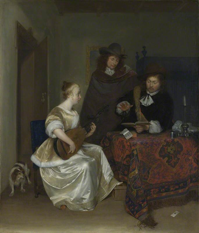 A Woman Playing A Theorbo To Two Men — Gerard Terborch Ii