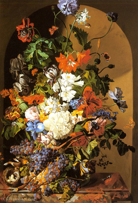 A Still Life With Flowers And Grapes — Leopold Zinnogger