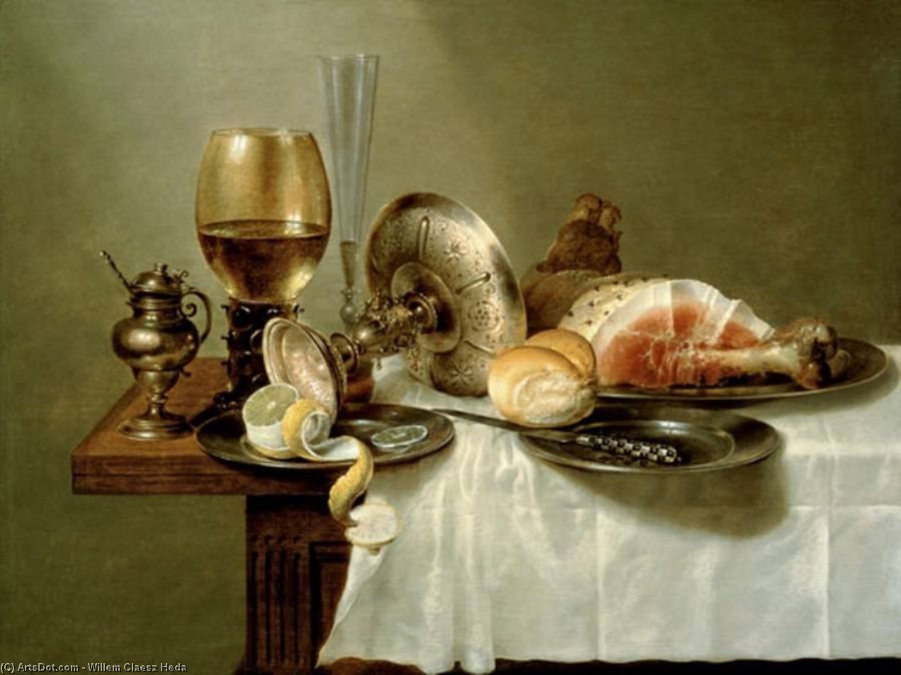 Still Life Of A Roemer, An Overturned Silver Tazza, A Flute And A Ham — Willem Claesz Heda
