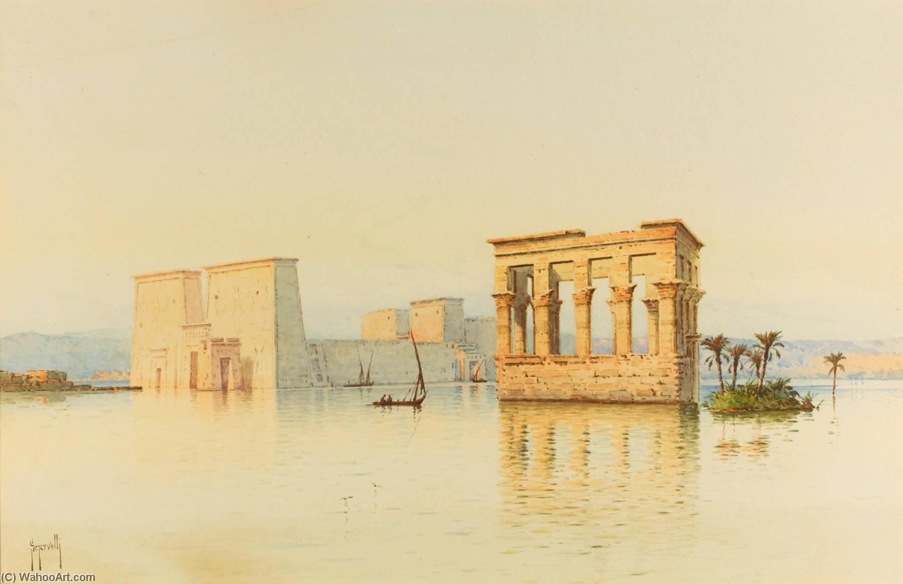 Two Watercolour Views Of Philae And The Gate Of Ptolemy Iii At Karnak By Spyridon Scarvelli, Both Signed Lower Left, Each 265 X 430mm., Framed And Glazed — Spyridon Scarvelli