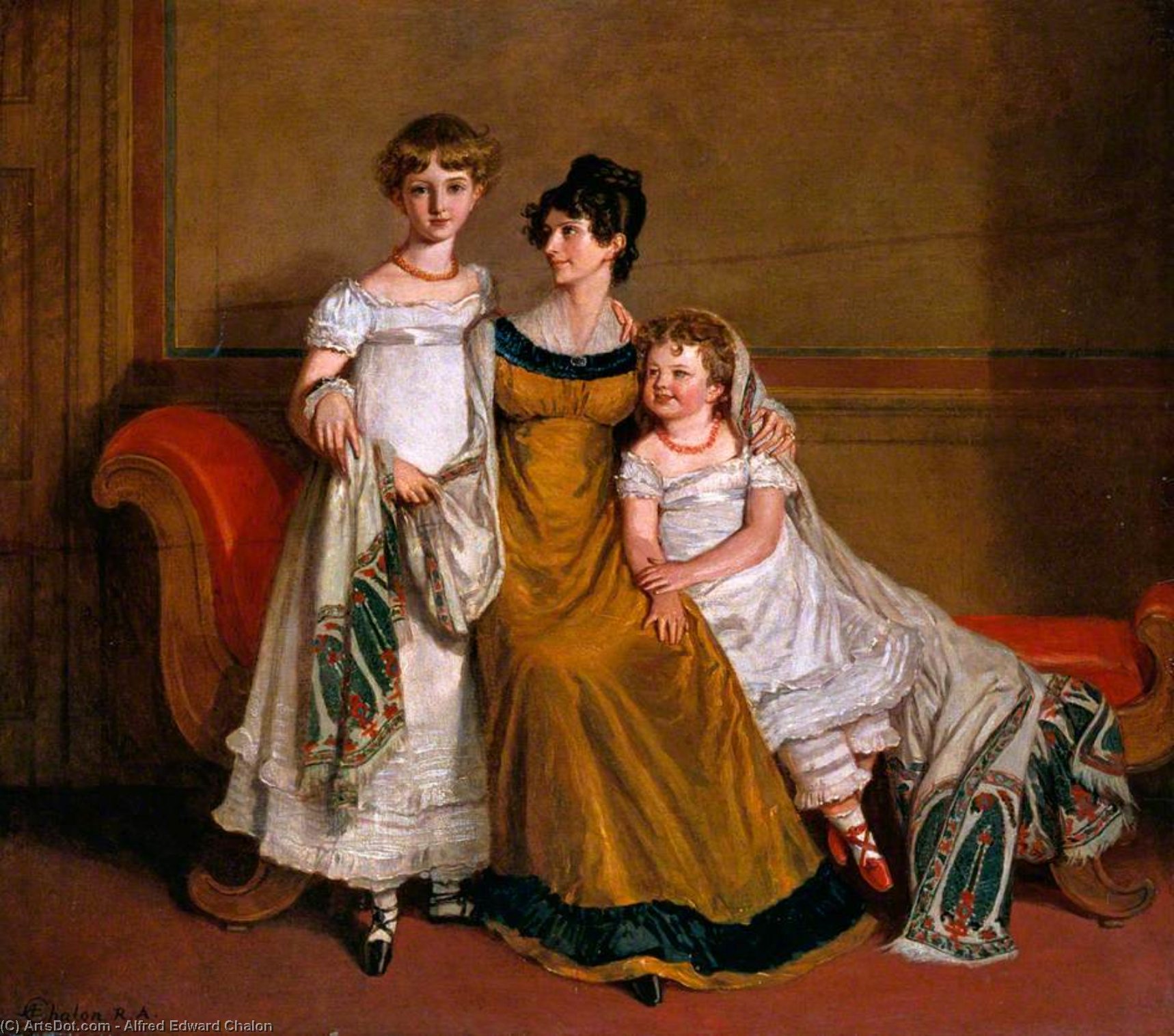 Portrait Of A Woman With Two Children In A Domestic Interior — Alfred Edvard Chalon