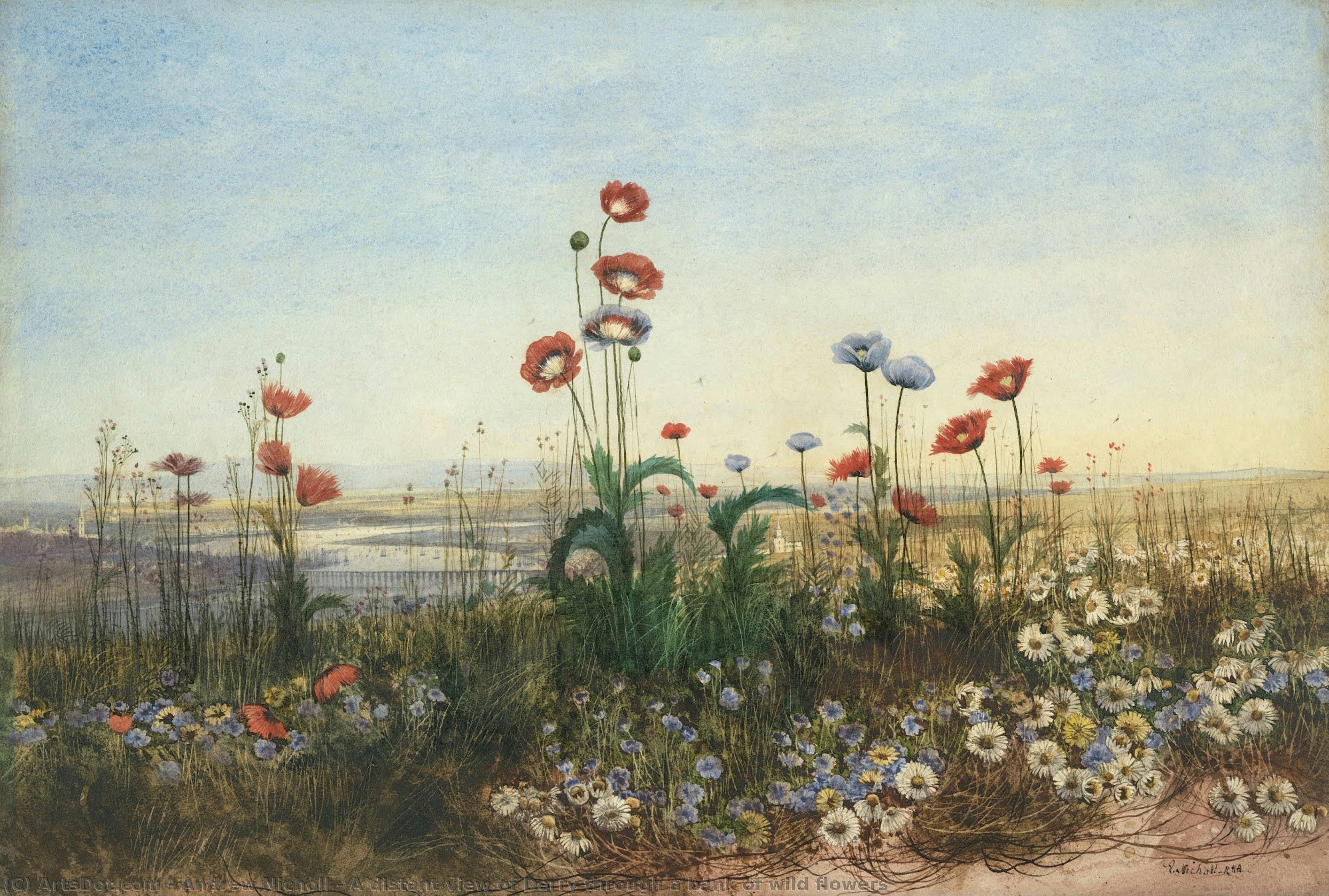 A Distant View Of Derry Through A Bank Of Wild Flowers — Andrew Nicholl