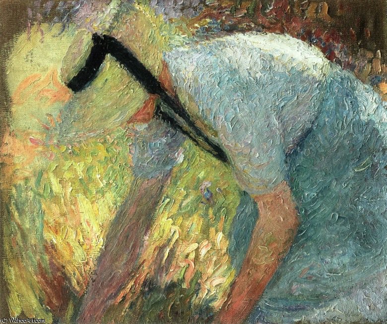 Woman In A Blue Apron And Straw Hat Picking A Spray Of Flowers — Henri Jean Guillaume Martin