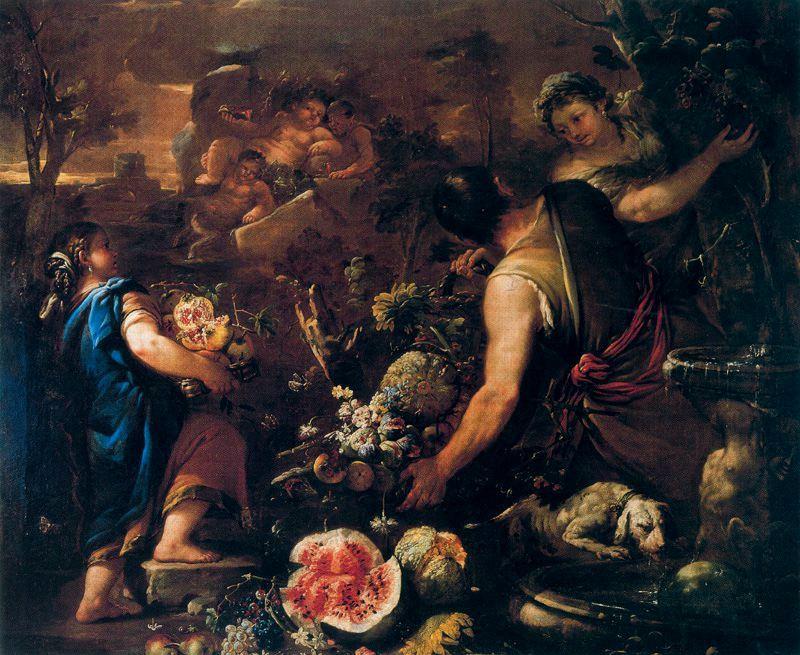 Flowers And Fruits With Bacchus, Satyrs And Other Figures — Luca Giordano