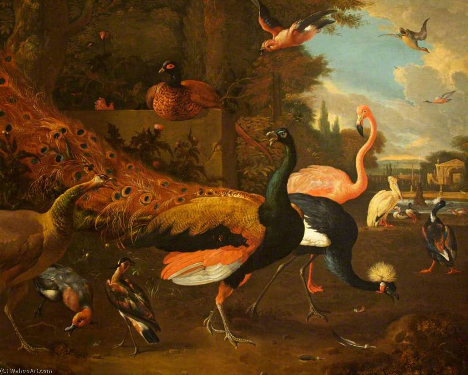 A Peacock And A Peahen With A Crane, A Flamingo, A Pelican, And Other Fowl, In A Park — Melchior De Hondecoetter