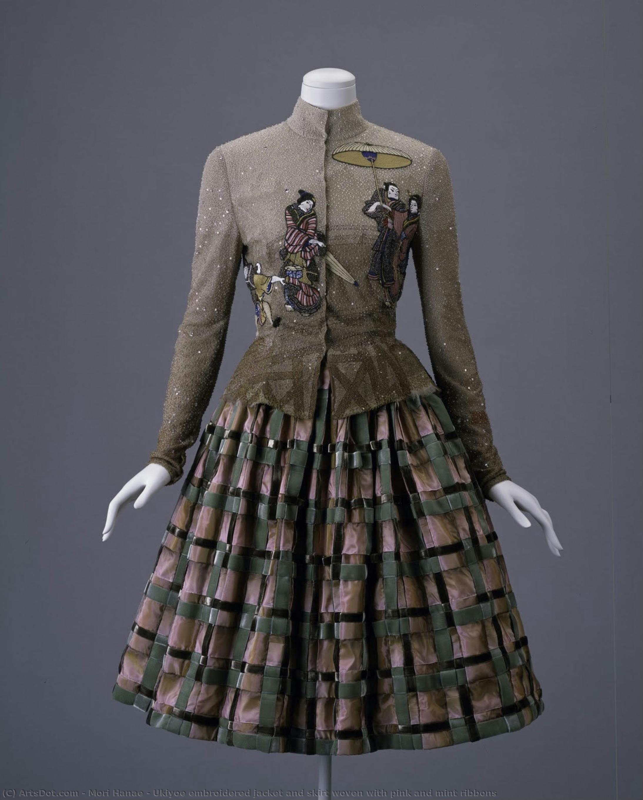 Ukiyoe Embroidered Jacket And Skirt Woven With Pink And Mint Ribbons — Mori Hanae