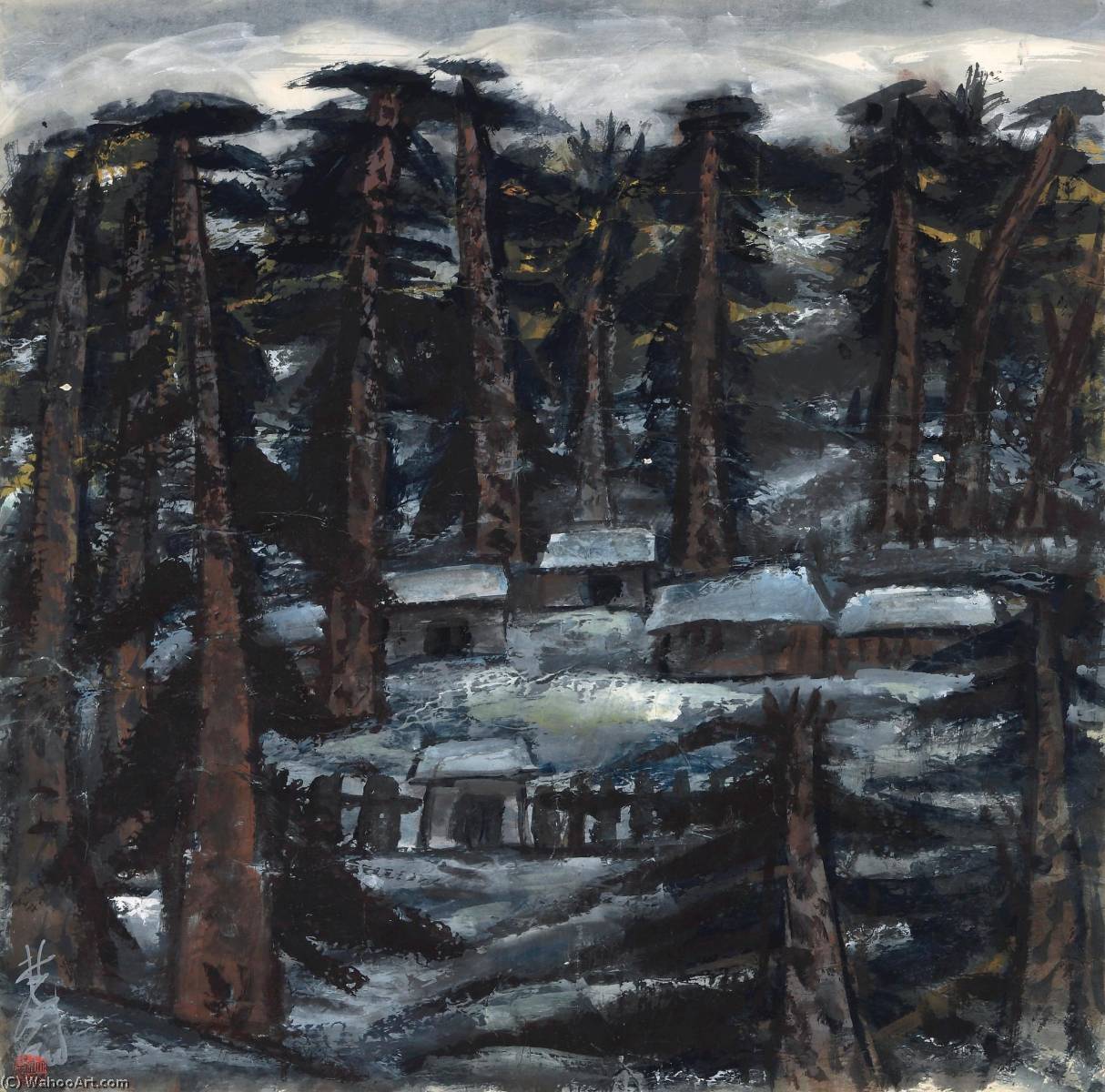 Snow Clad Dwellings In The Forest — Lin Fengmian Flying Geese Over The Lotus Pond