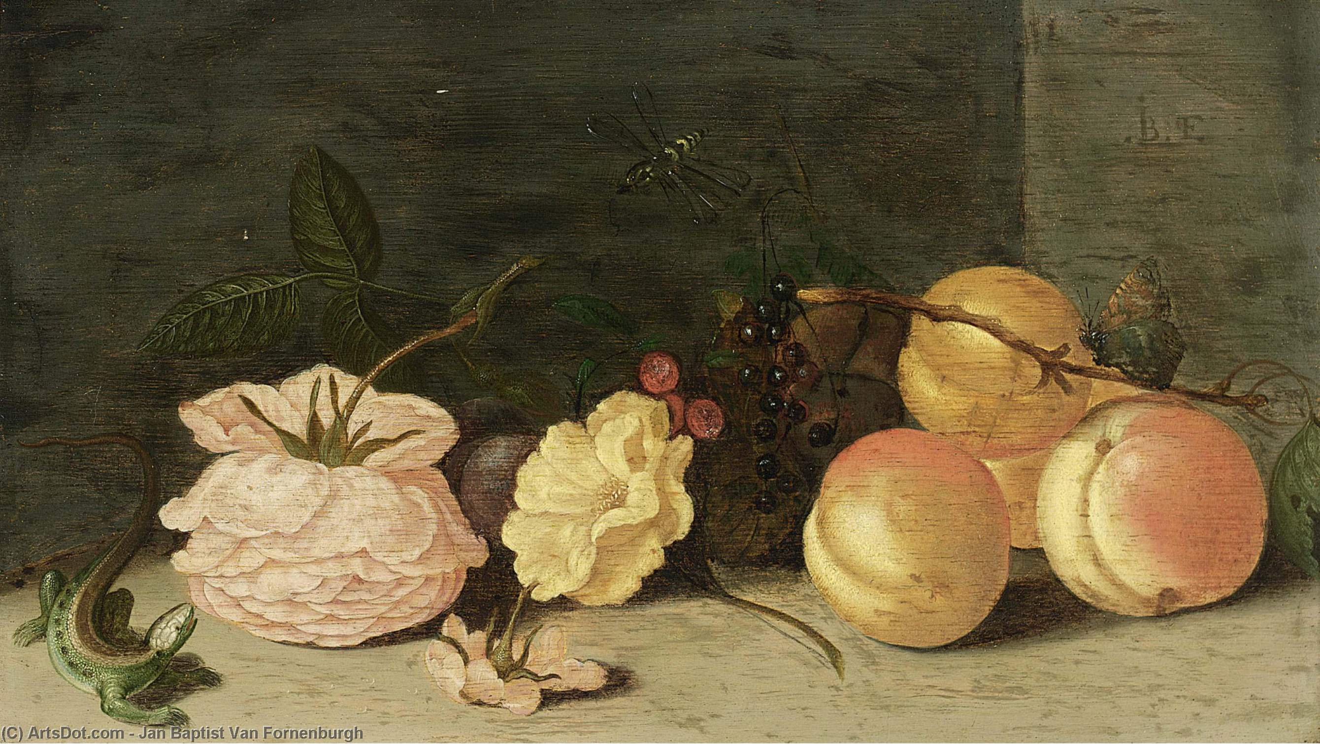 A Still Life With Peaches, Roses, Red And Black Berries — Jan Baptist Van Fornenburgh