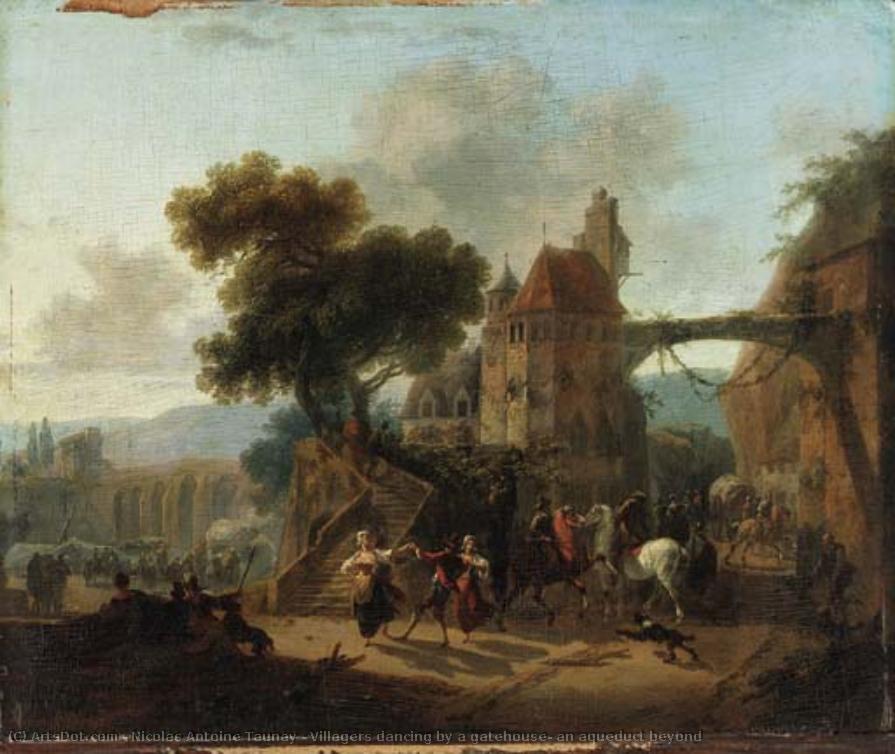Villagers Dancing By A Gatehouse, An Aqueduct Beyond — Nicolas-antoine Taunay