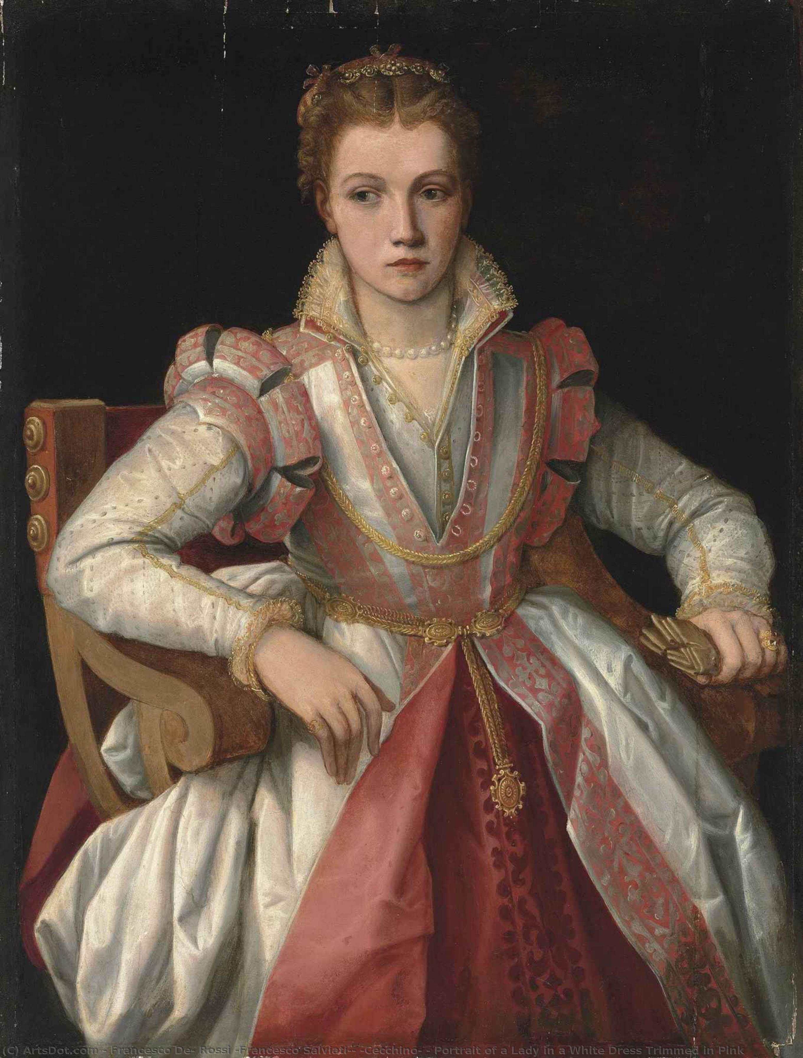 Portrait Of A Lady In A White Dress Trimmed In Pink — Francesco Salviati