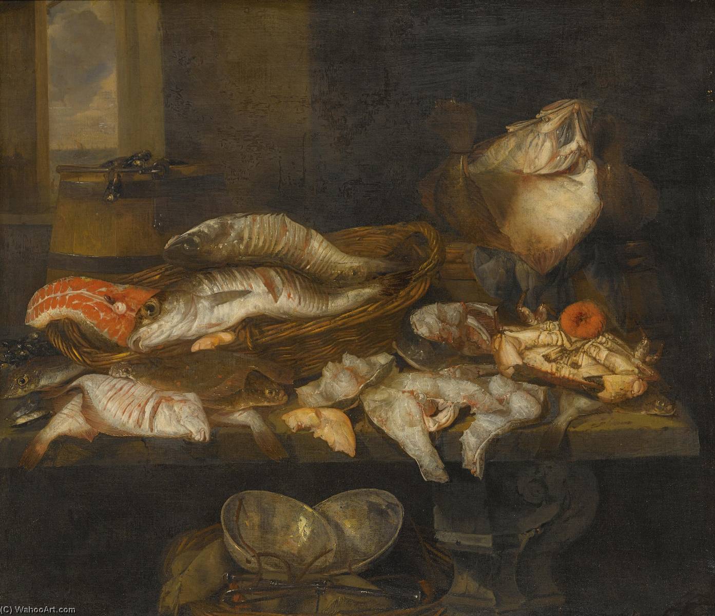 A Still Life With Salmon, Plaice, A Crab And Other Fish Arranged On A Table, A View Of The Sea Beyond — Abraham Hendricksz. Van Beyeren