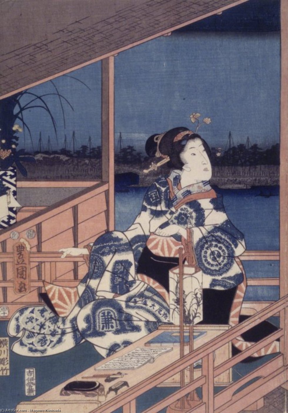 Moonlight View Of Tsukuda With Lady On A Balcony — Kunisada