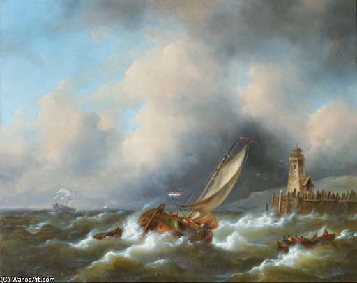 Sailing In A Stiff Breeze By A Coast — Govert Van Emmerik