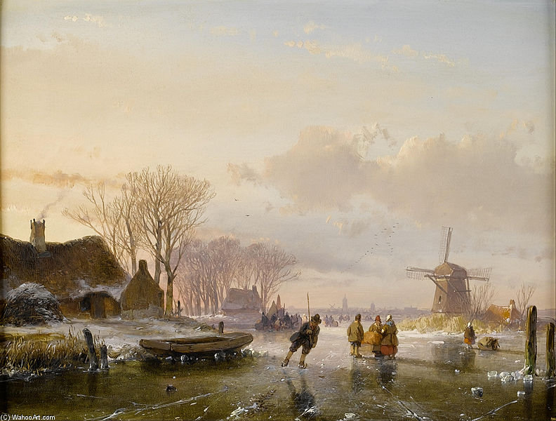 Skaters And Figures On A Frozen River, Haarlem In The Distance — Andreas Schelfhout