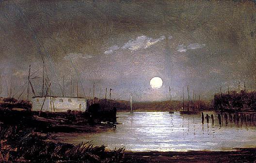 Untitled (moon Over A Harbor, Wharf Scene With Full Moon And Masts Of Boats), (painting) — Edward Mitchell Bannister