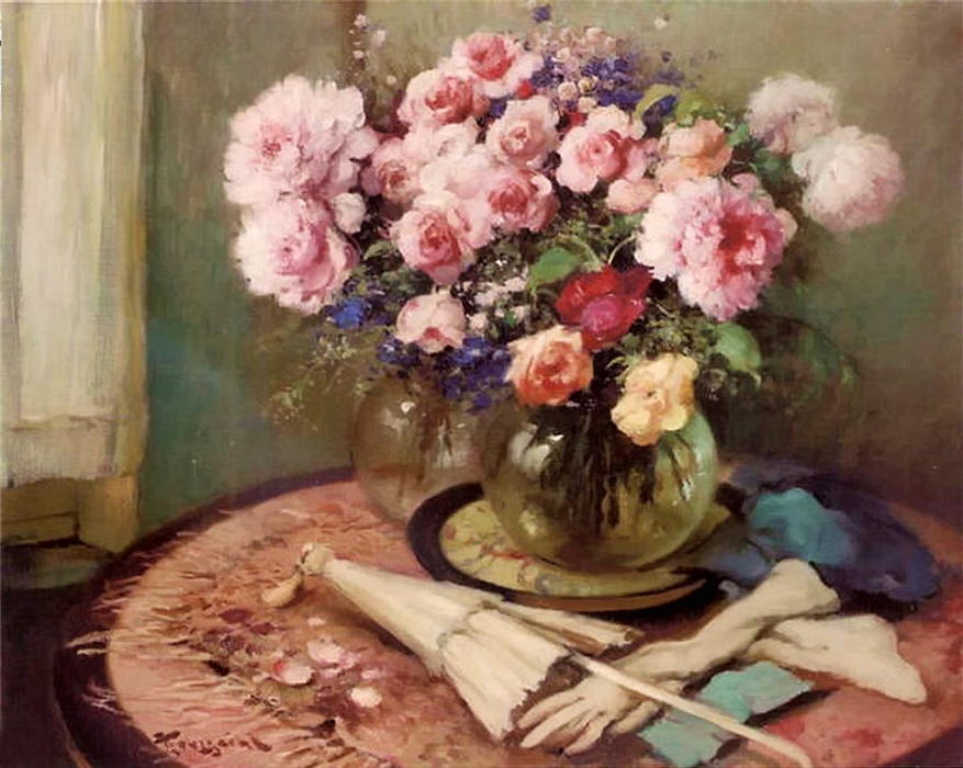 Flower Arrangements With Umbrella And Fan — Fernand Toussaint
