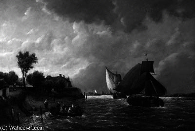 A River Landscape With Barges At Full Sail And Townsfolk In The Foreground — Antoine De Saaijer Waldorp