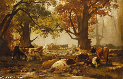 Cattle In A Wooded River — Auguste François Bonheur