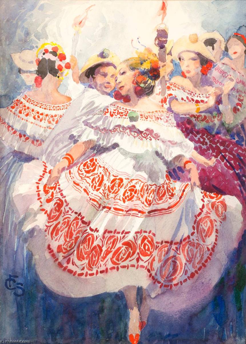 Dancers In Dress Costume, La Pollera Of Panama — Carl Folke Sahlin