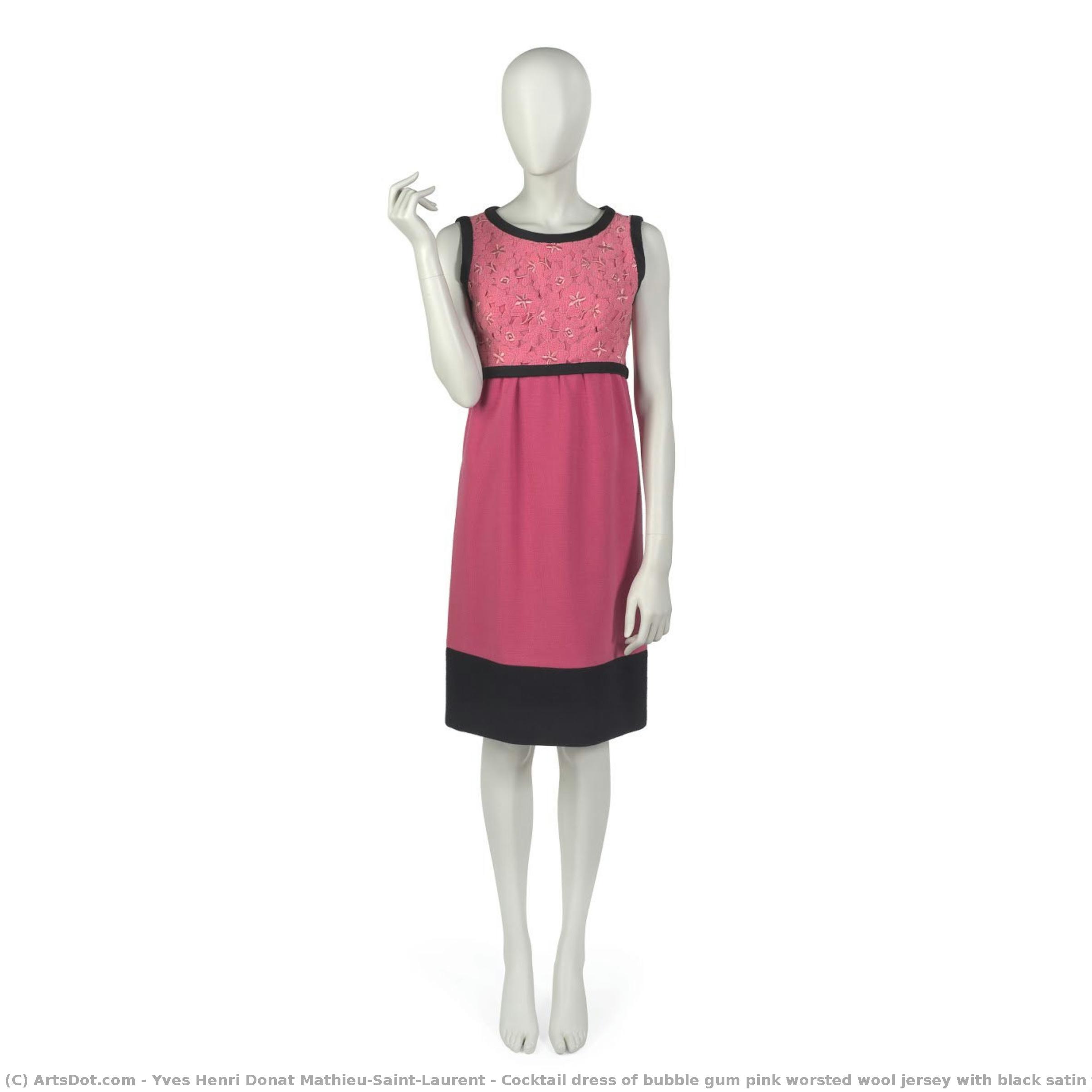 Vestido De Cóctel De Lana Jersey Rosa Chicle Con Adornos De Satén Negro — Yves Saint Laurent
