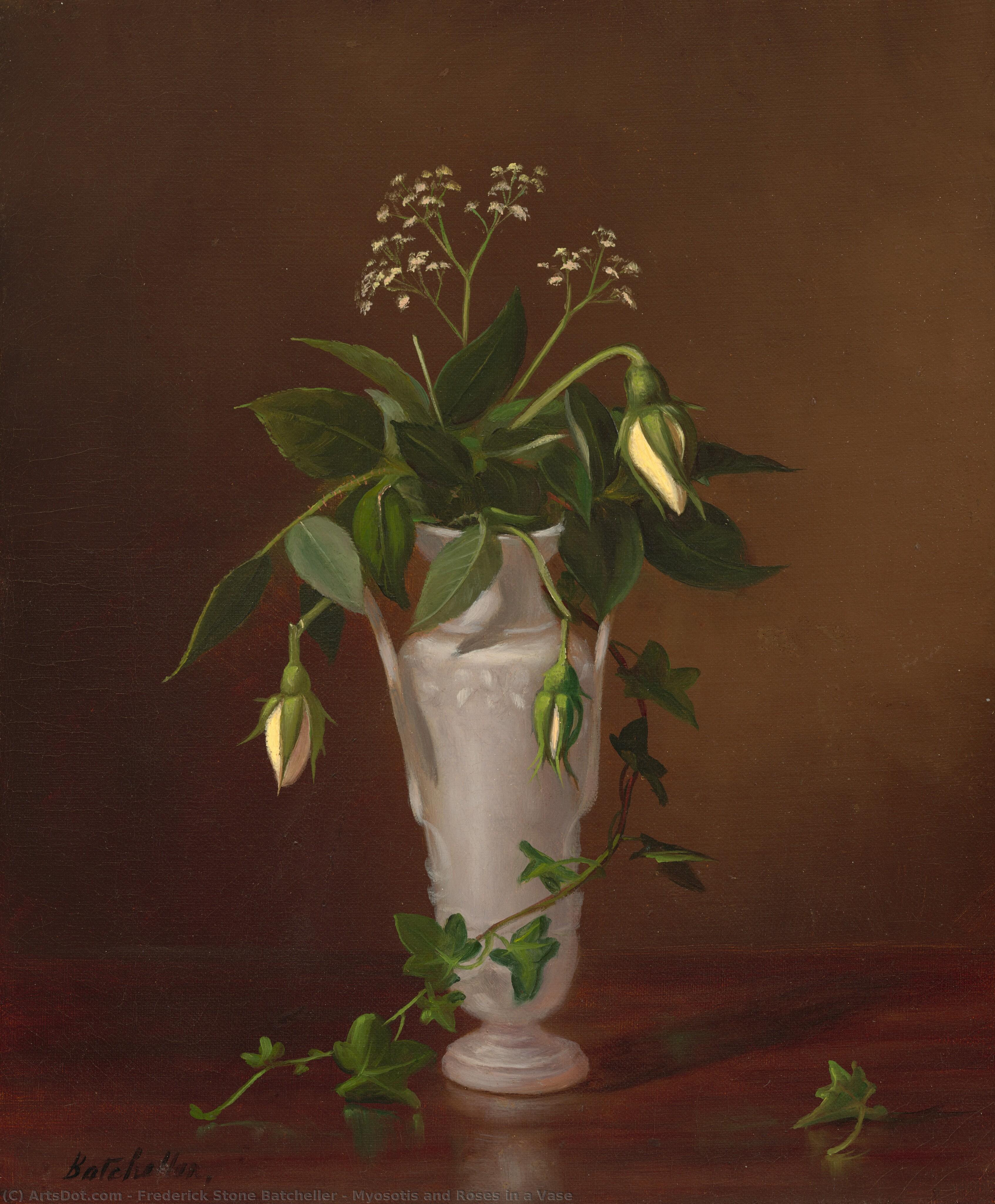 Myosotis And Roses In A Vase — Frederick Stone Batcheller