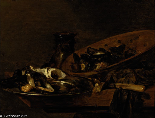 Mussels In Pewter And Earthenware Plates With An Upturned 'roemer', On A Wooden Table — Abraham Hendricksz. Van Beyeren