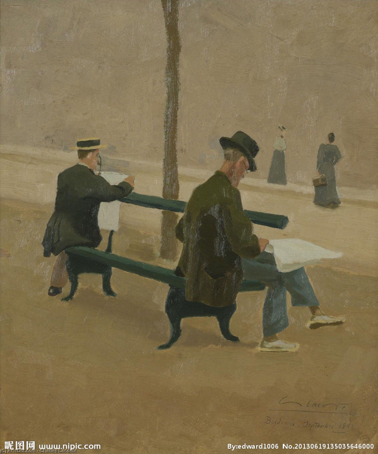 Reading Men On A Bench And Women Passing By, (1893) — Charles Lacoste