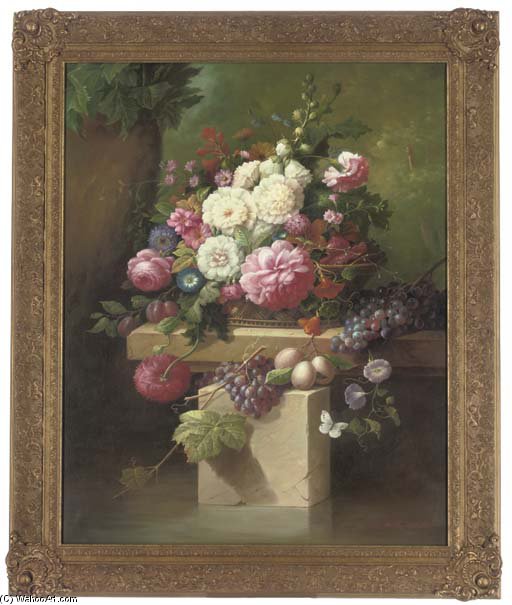 Pink Peonies, Morning Glory, Hollyhocks, Plums And Grapes — Thomas George Webster