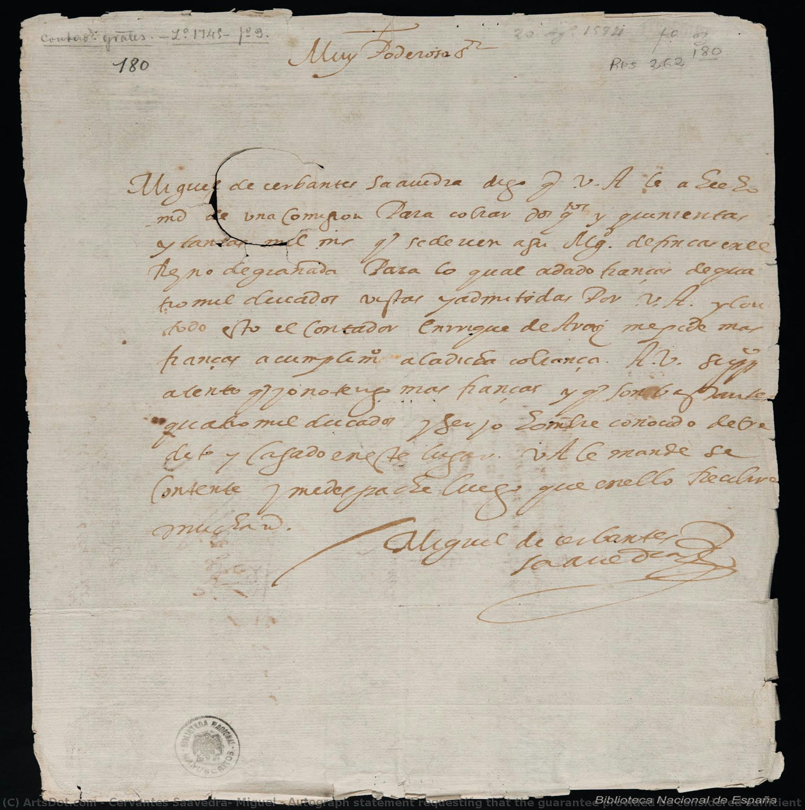 Autograph Statement Requesting That The Guarantee Provided Be Considered Sufficient (biblioteca Nacional De España)\n\n[page 1] — Miguel De Cervantes Saavedra