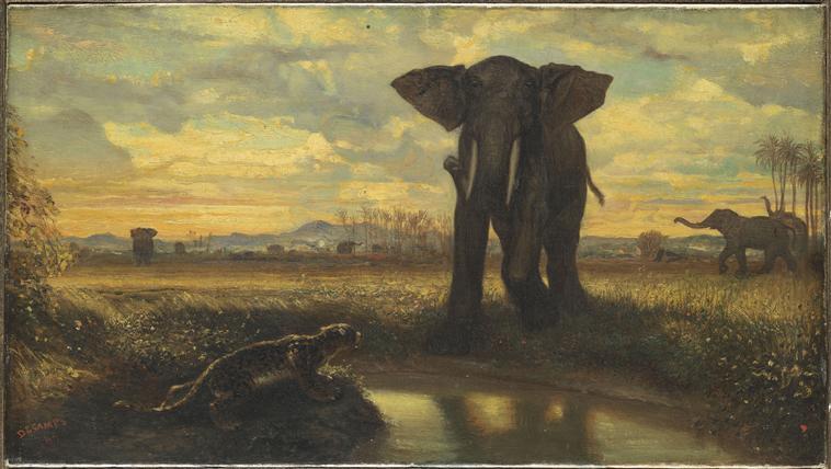 Tigre Et Elephant A La Source Dit Aussi Le Desert Indien — Александер Габријел Декамп