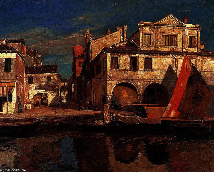 Canal Scene In Chioggia With Bragozzo — Gustav Bauernfeind