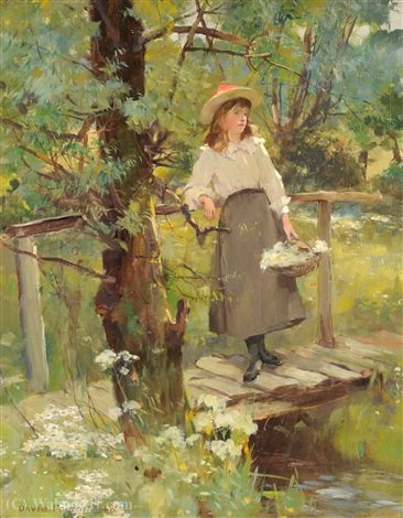 Girl On A Sunlit Bridge In A Flower-strewn Meadow — David Fulton