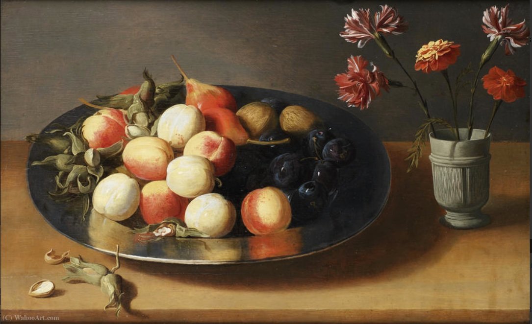 Peaches, Pears, Nuts And A Vase Of Carnations On A Table Top — Jacob Foppens Van Es