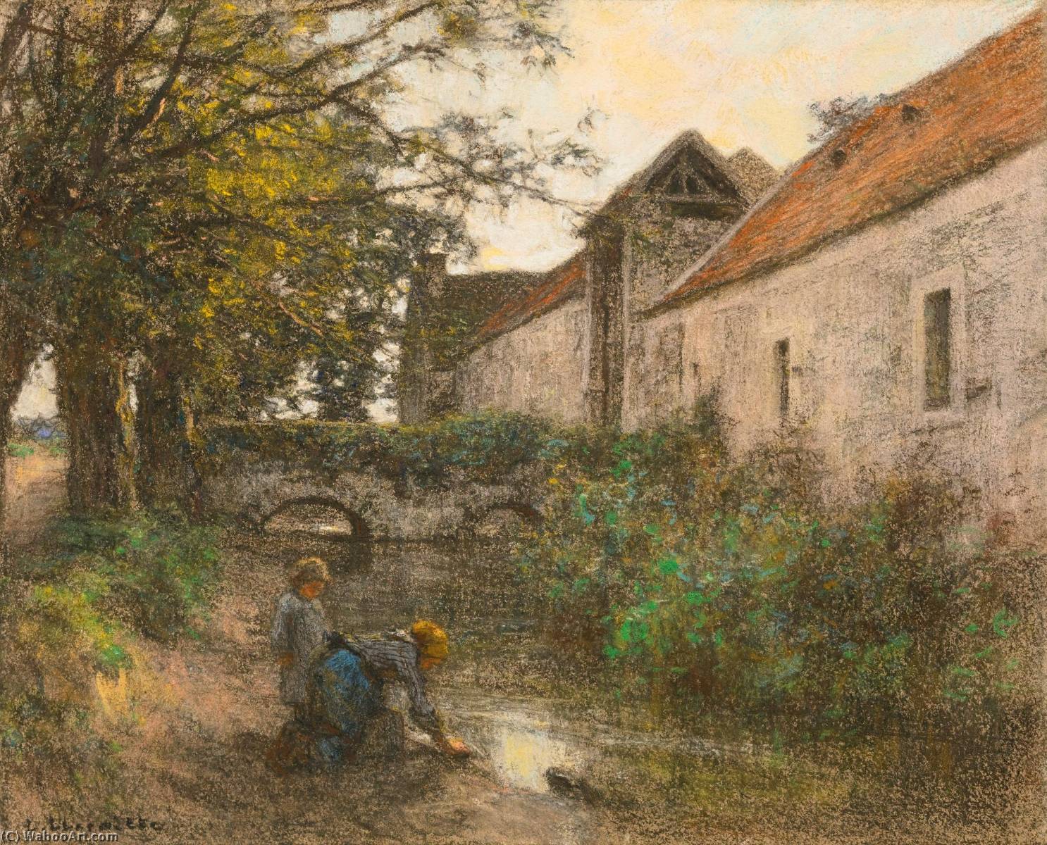 Laveuses, Deux Figures, Petit Pont Du Ru Chailly — Léon Augustin L'hermitte