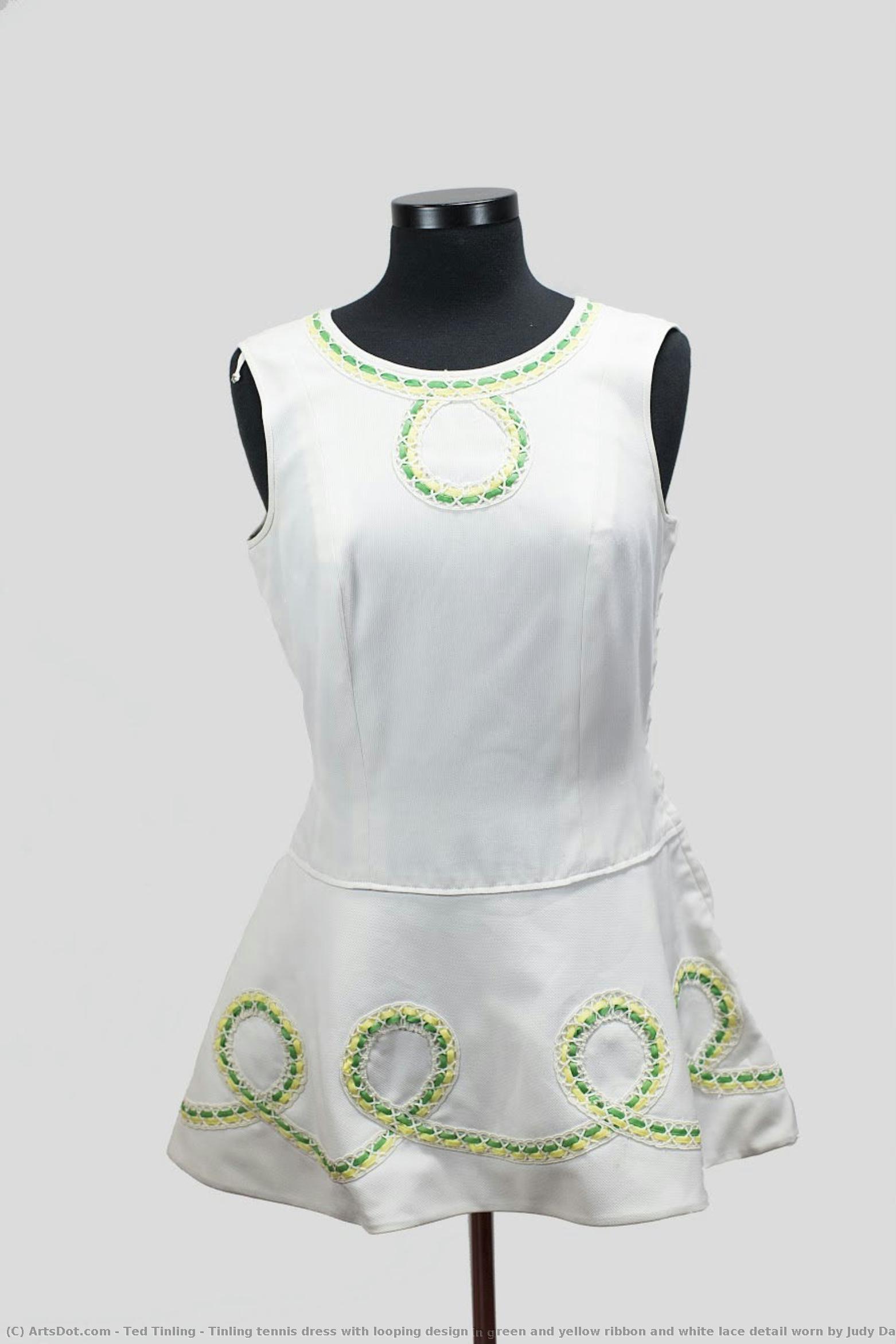 Tinling Tennis Dress With Looping Design In Green And Yellow Ribbon And White Lace Detail Worn By Judy Dalton — Ted Tinling