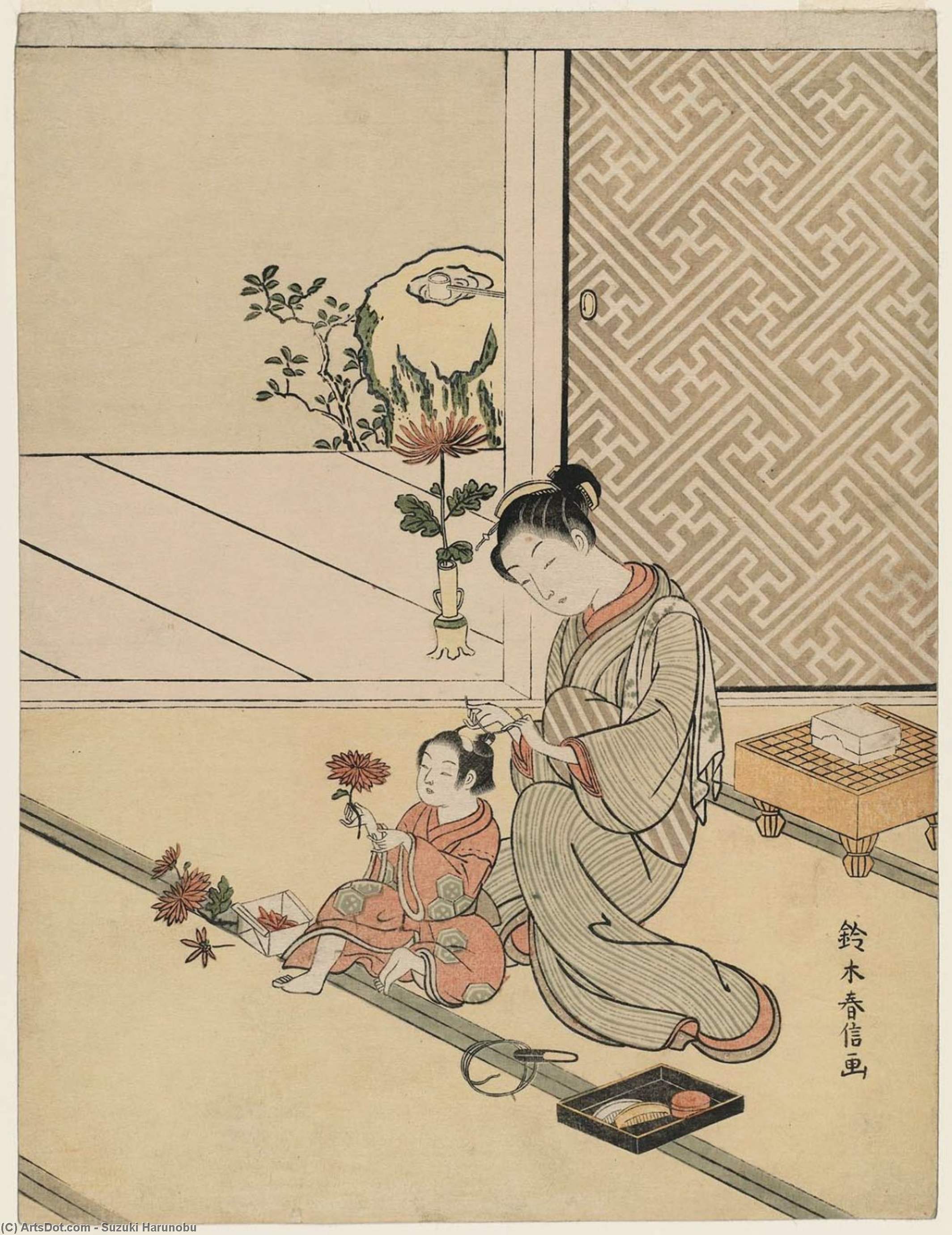 Mother Tying Her Young Son's Hair As He Plays With Chrysanthemums — Suzuki Harunobu