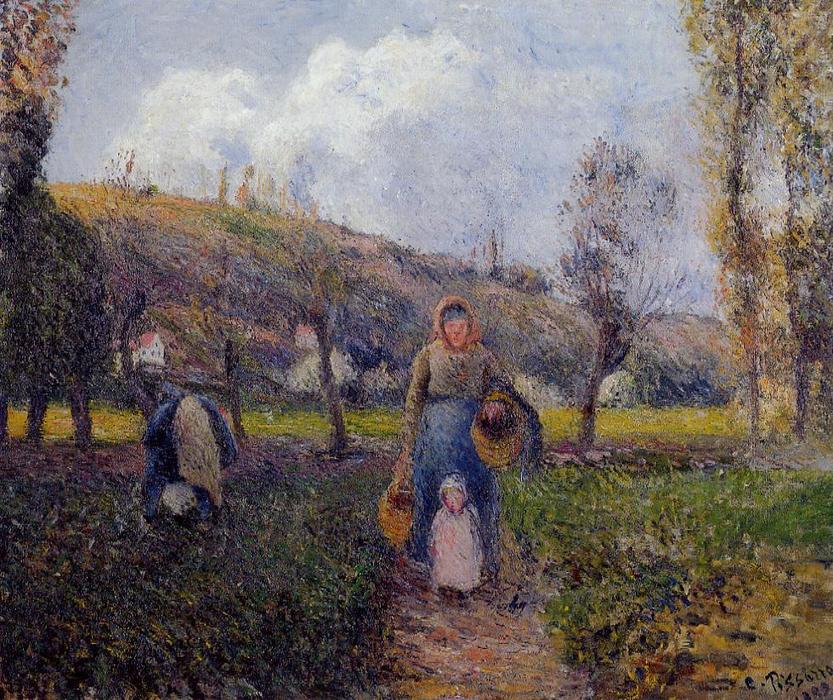 Peasant Woman And Child Harvesting The Fields, Pontoise — Camille Pissarro