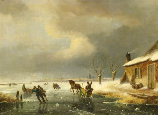 Skaters On A Frozen Waterway, A Town In The Distance — Nicolaas Johannes Roosenboom