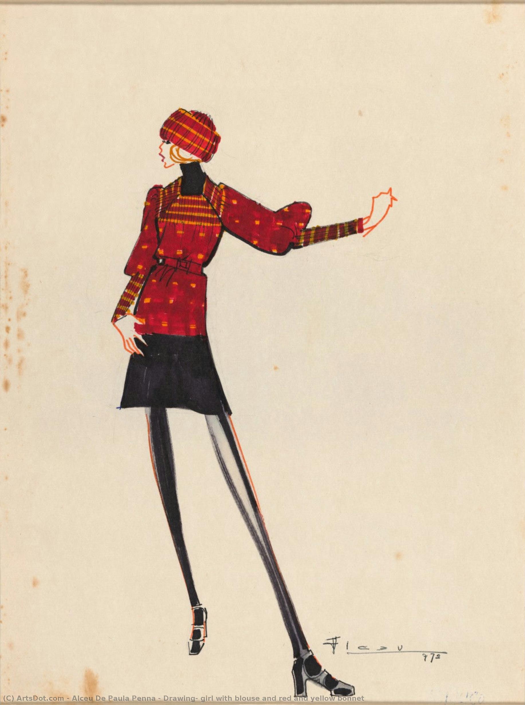 Drawing, Girl With Blouse And Red And Yellow Bonnet — Alceu De Paula Penna