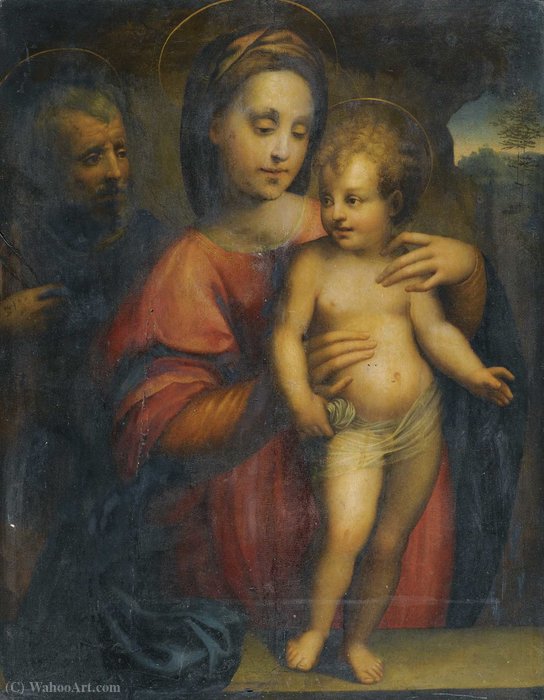 Holy Family, With The Madonna Supporting The Standing Christ Child On A Stone Ledge — Domenico Puligo