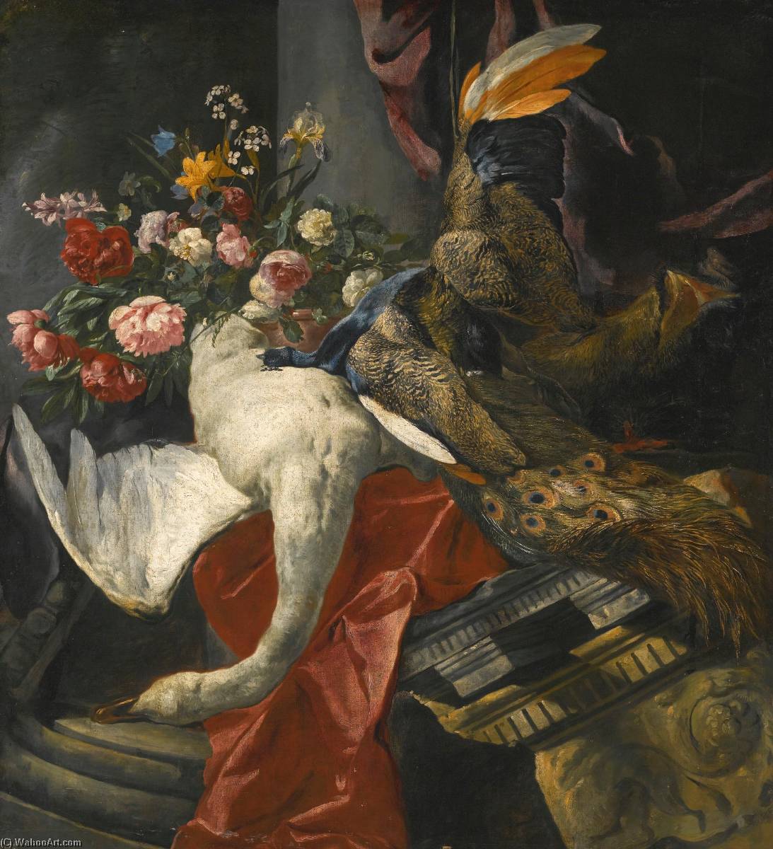 Still Life Of Peonies, Roses And Other Flowers In A Terracotta Vase, Together With A Swan, Peacock And Boar's Head, Resting On A Red Drape And An Antique Architectural Fragment — Boel Pieter (boule)