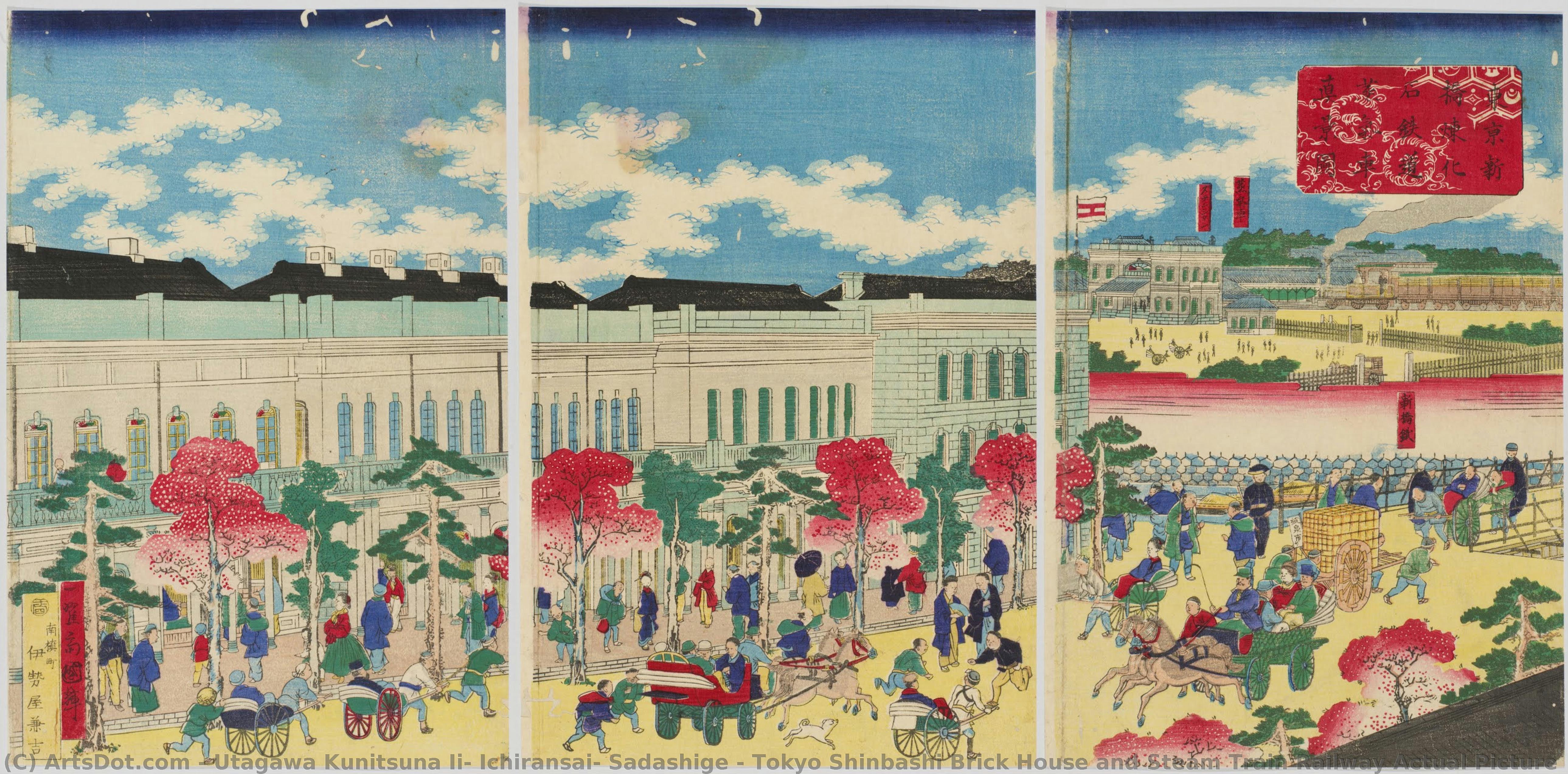 Tokyo Shinbashi Brick House And Steam Train Railway Actual Picture — Utagawa Kunitsuna Ii, Ichiransai, Sadashige