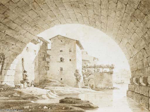 View From Under The Ponte Rotto Rome, With A Couple Discussing And Houses In Background — Victor Jean Nicolle