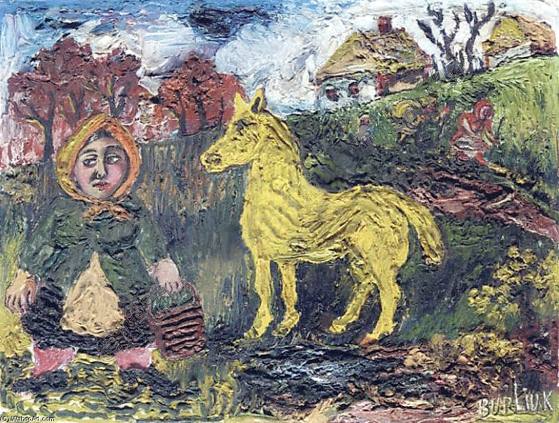 Woman With Wooden Bucket And Yellow Horse — David Davidovich Burliuk