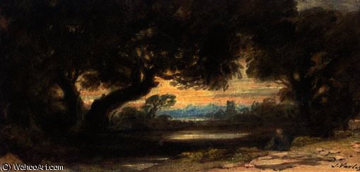 A Figure Beside A Wooded Pool With A Church In The Distance — John Varley I (der Ältere)