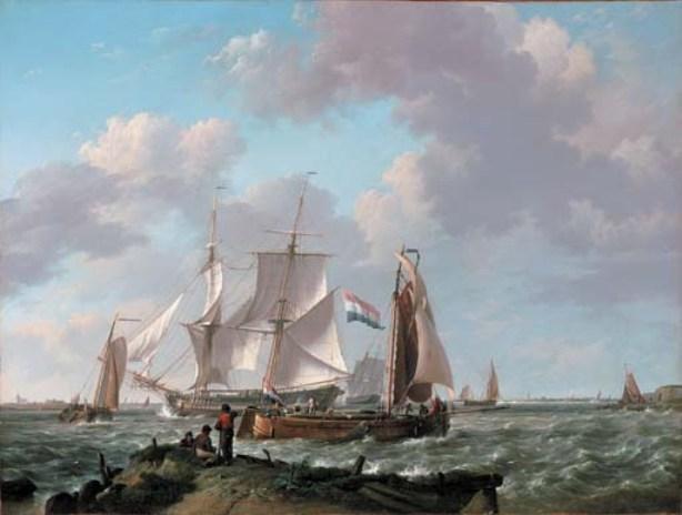 Ships In A Squall With Figures On The Shore — Johannes Hermann Barend Koekkoek