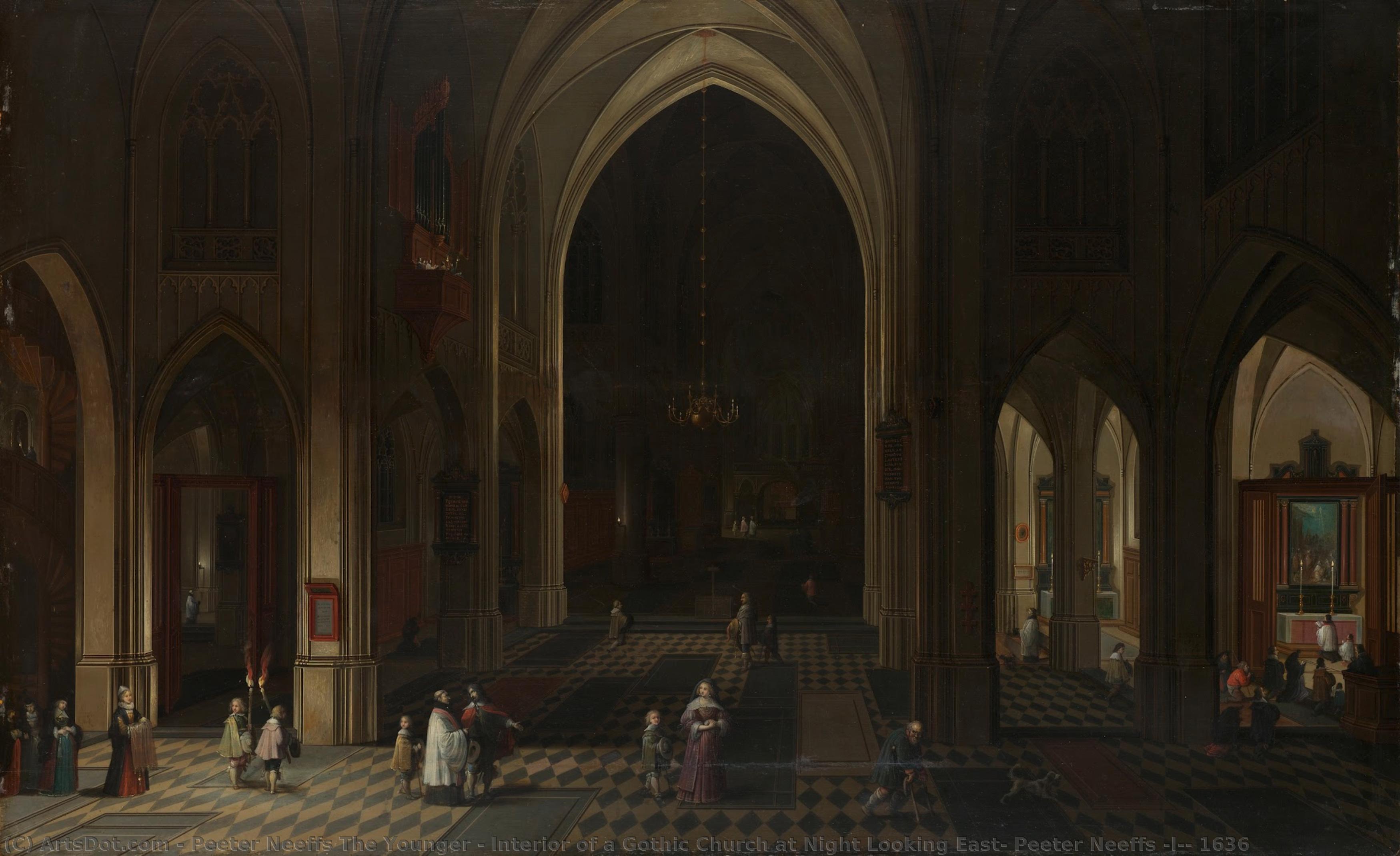 Interior Of A Gothic Church At Night Looking East, Peeter Neeffs (i), 1636 — Peeter Neeffs Der Jüngere