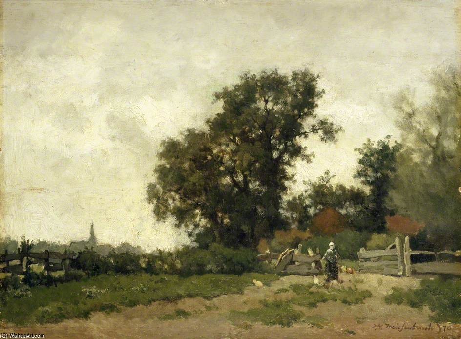Landscape With A Peasant Girl Feeding Chickens — Johan Hendrik Weissenbruch