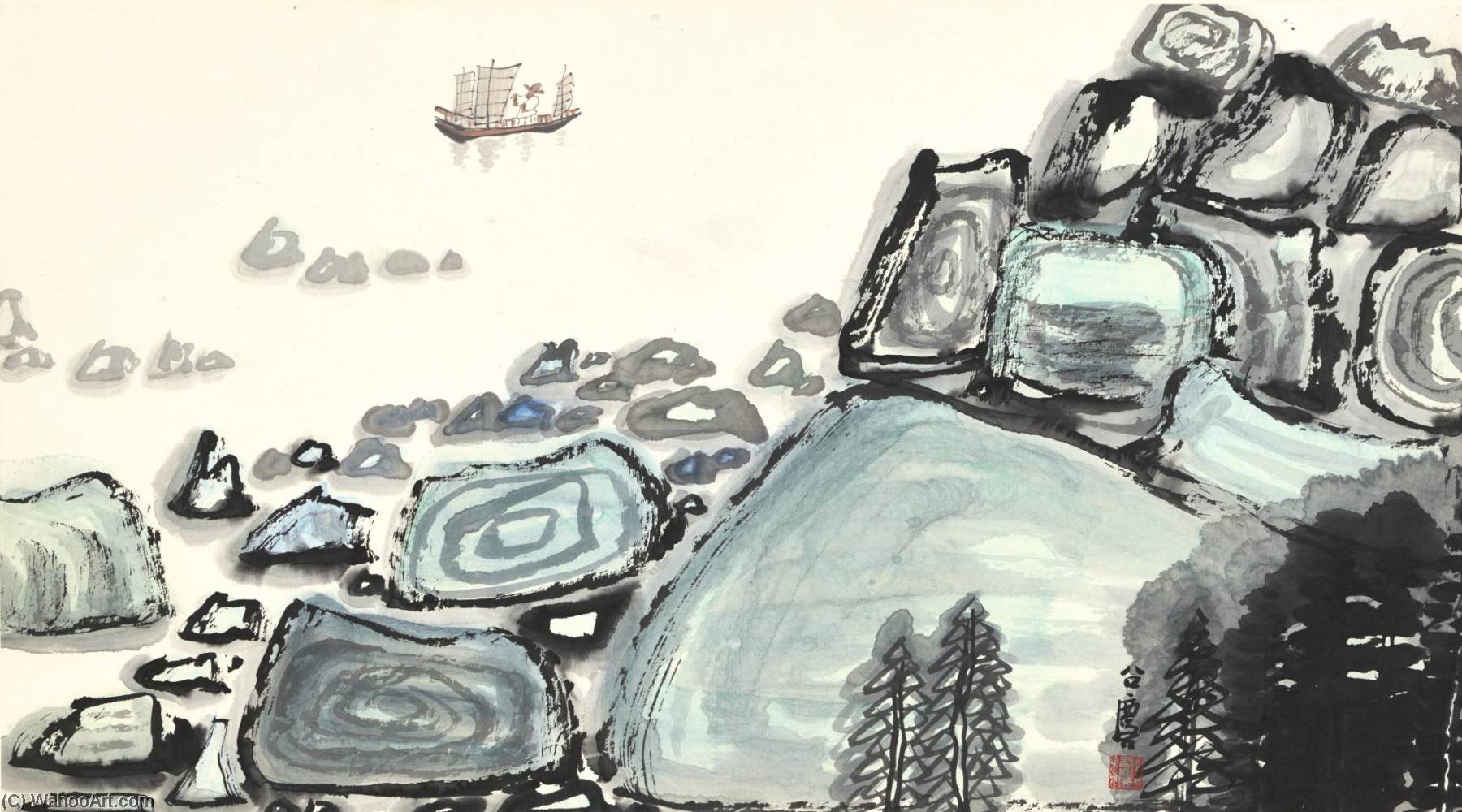 Green Rock Zen Landscape — Fang Zhaolin