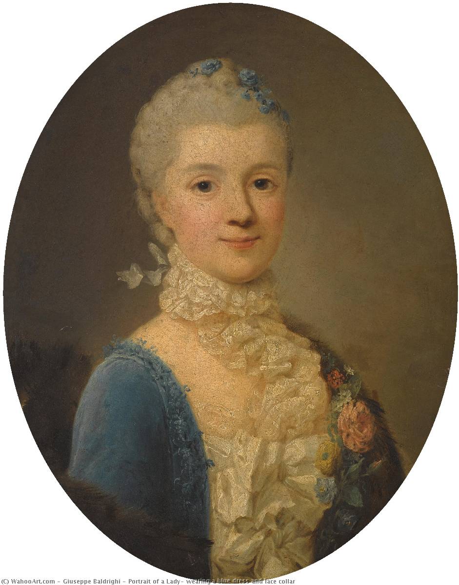 Portrait Of A Lady, Wearing A Blue Dress And Lace Collar — Giuseppe Baldrighi